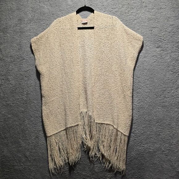 Handwoven Womens Cardigan Poncho Kimono OS Beige Fringe Coastal Boho Lagenlook - Picture 2 of 10